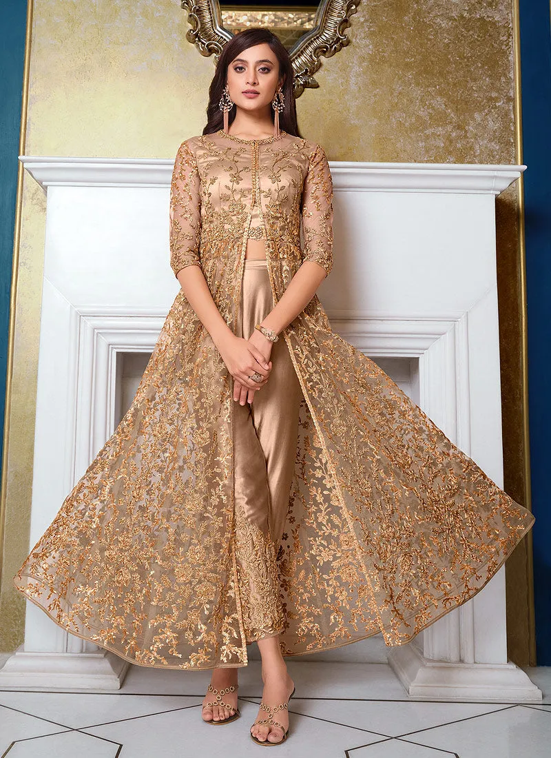 Golden Embroidered Jacket Style Anarkali Suit