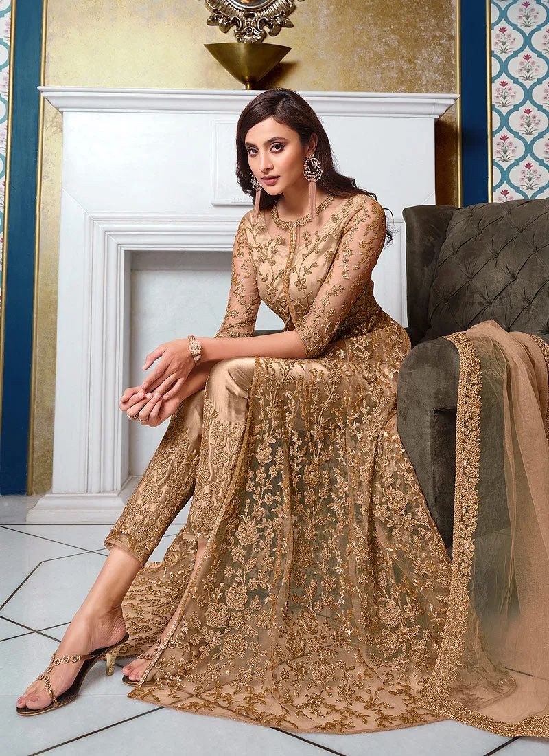 Golden Embroidered Jacket Style Anarkali Suit