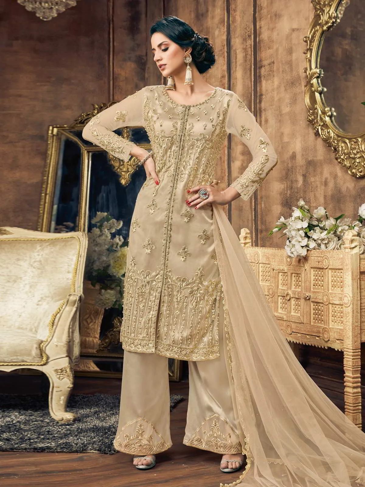 Golden Embroidery And Pearl Embellished Pakistani Pant Suit