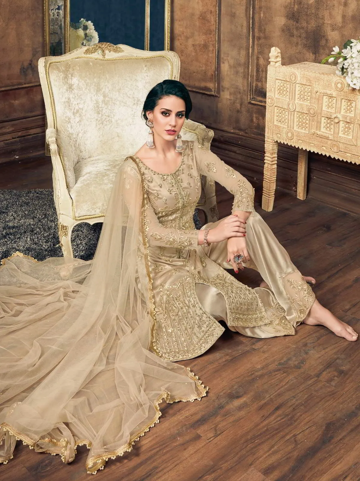 Golden Embroidery And Pearl Embellished Pakistani Pant Suit