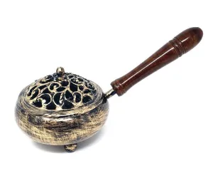 Golden Finish Iron Charcoal Burner with Lid & wood Handle 9"