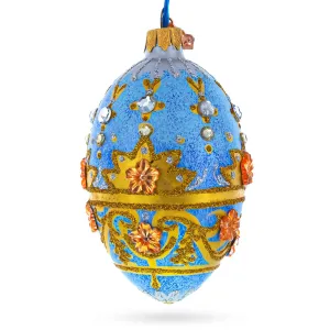 Golden Flowers On Speckled Blue Glass Egg Christmas Ornament 4 Inches