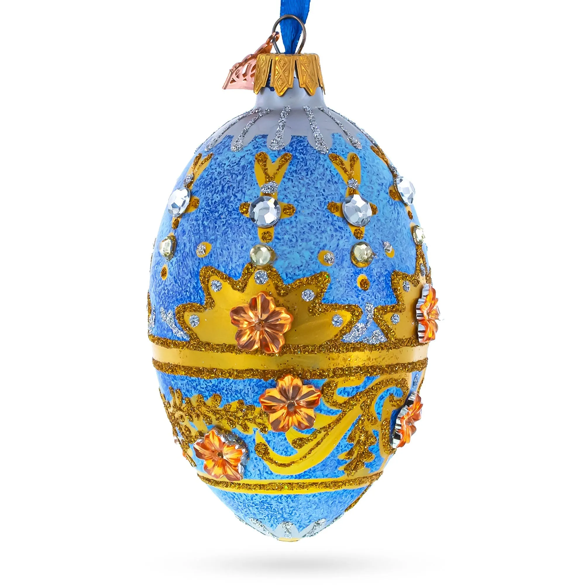 Golden Flowers On Speckled Blue Glass Egg Christmas Ornament 4 Inches