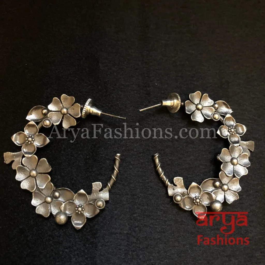 Golden Gray Flower Hoop Earrings