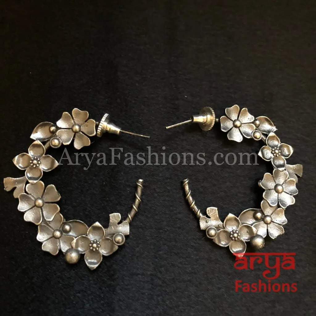 Golden Gray Flower Hoop Earrings