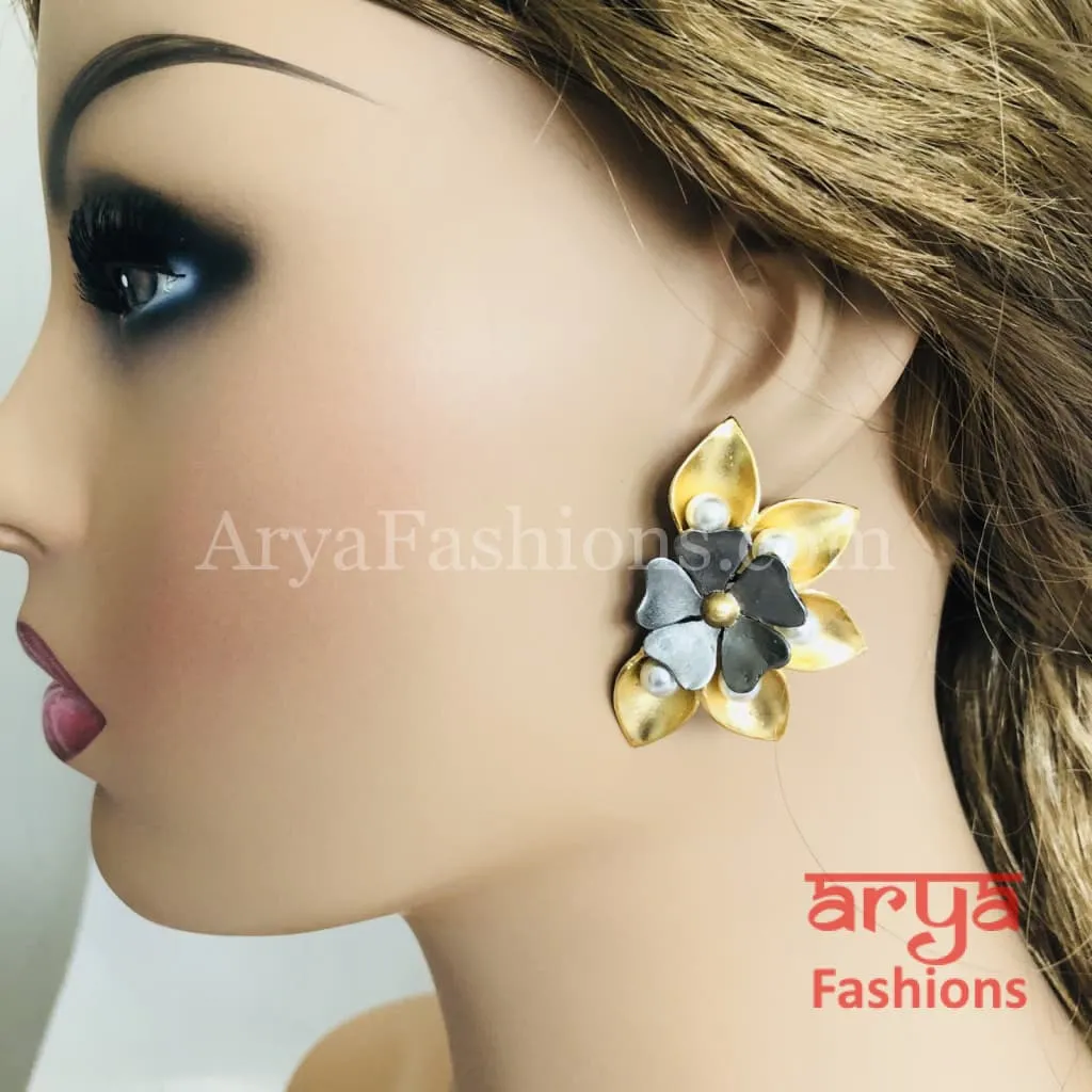 Golden Gray Pearl Fusion Kundan Ethnic Earrings