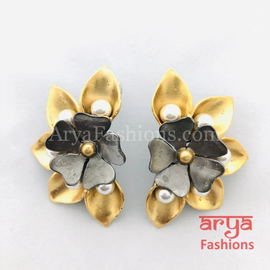 Golden Gray Pearl Fusion Kundan Ethnic Earrings