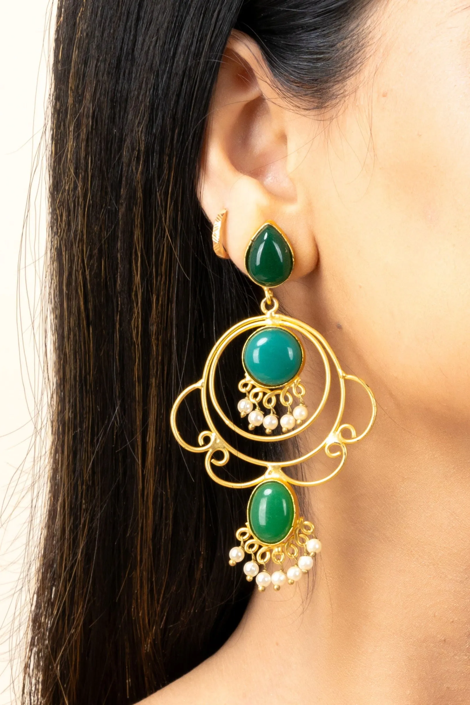 Golden Green Brass Stud Chandbali Earrings - Elegant Design for Versatile Fashion