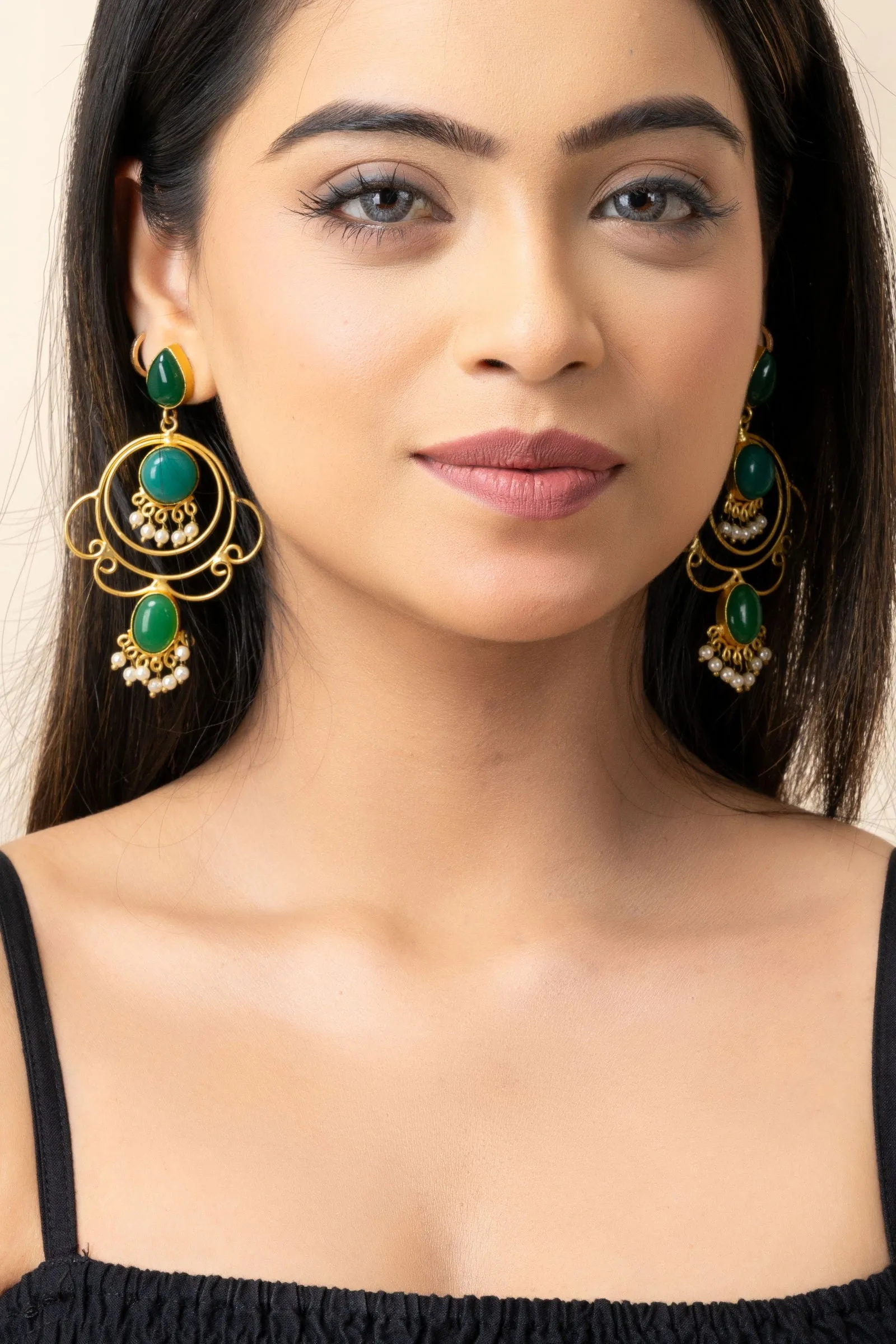 Golden Green Brass Stud Chandbali Earrings - Elegant Design for Versatile Fashion