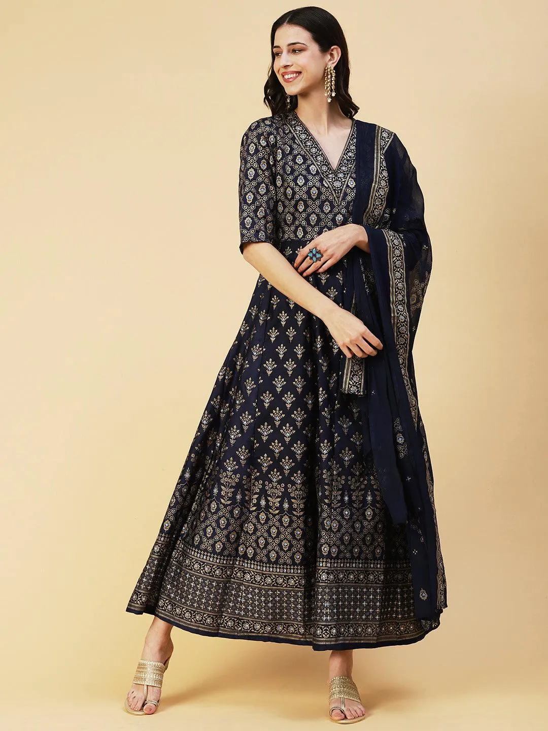 Golden Khari Printed Anarkali Dress With Printed Dupatta - Navy Blue