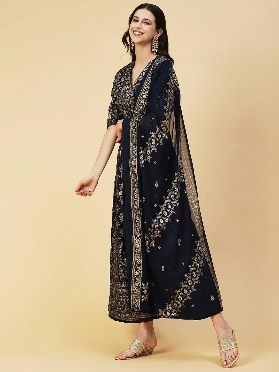 Golden Khari Printed Anarkali Dress With Printed Dupatta - Navy Blue