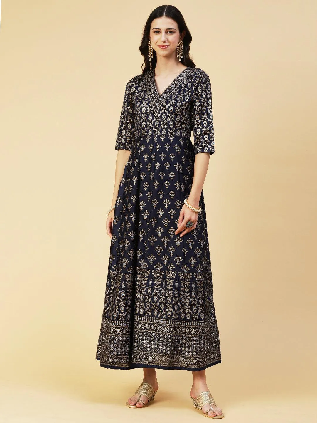 Golden Khari Printed Anarkali Dress With Printed Dupatta - Navy Blue