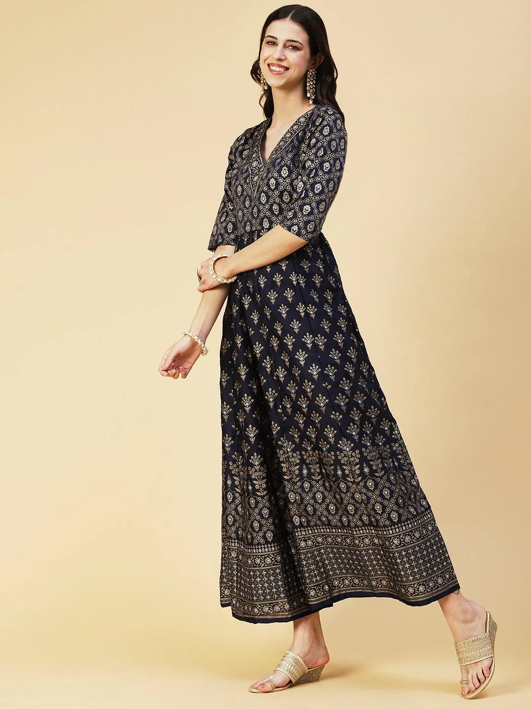 Golden Khari Printed Anarkali Dress With Printed Dupatta - Navy Blue