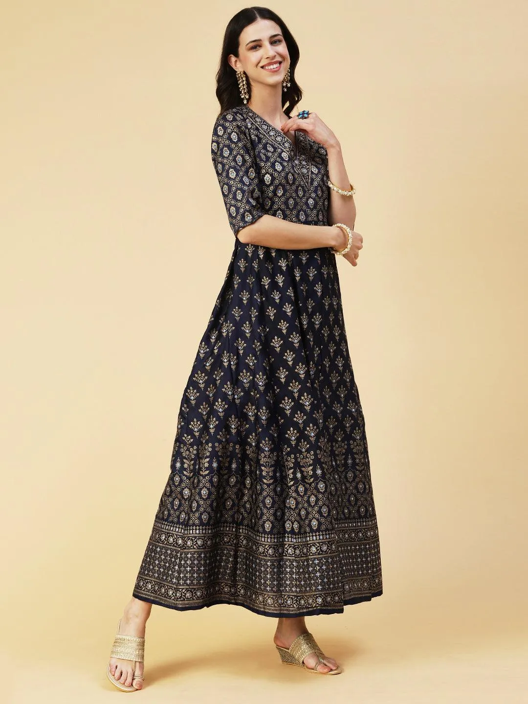 Golden Khari Printed Anarkali Dress With Printed Dupatta - Navy Blue