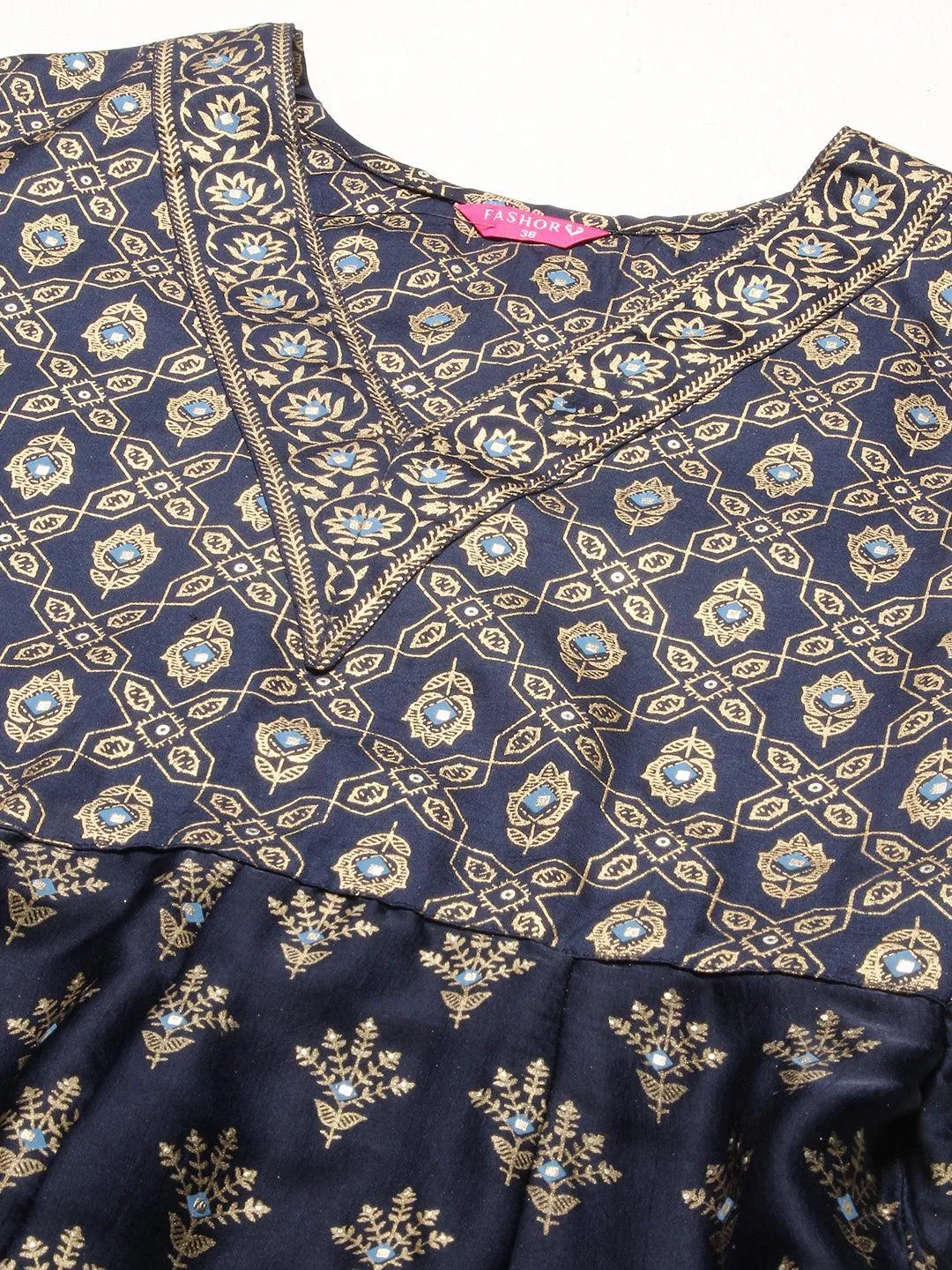 Golden Khari Printed Anarkali Dress With Printed Dupatta - Navy Blue