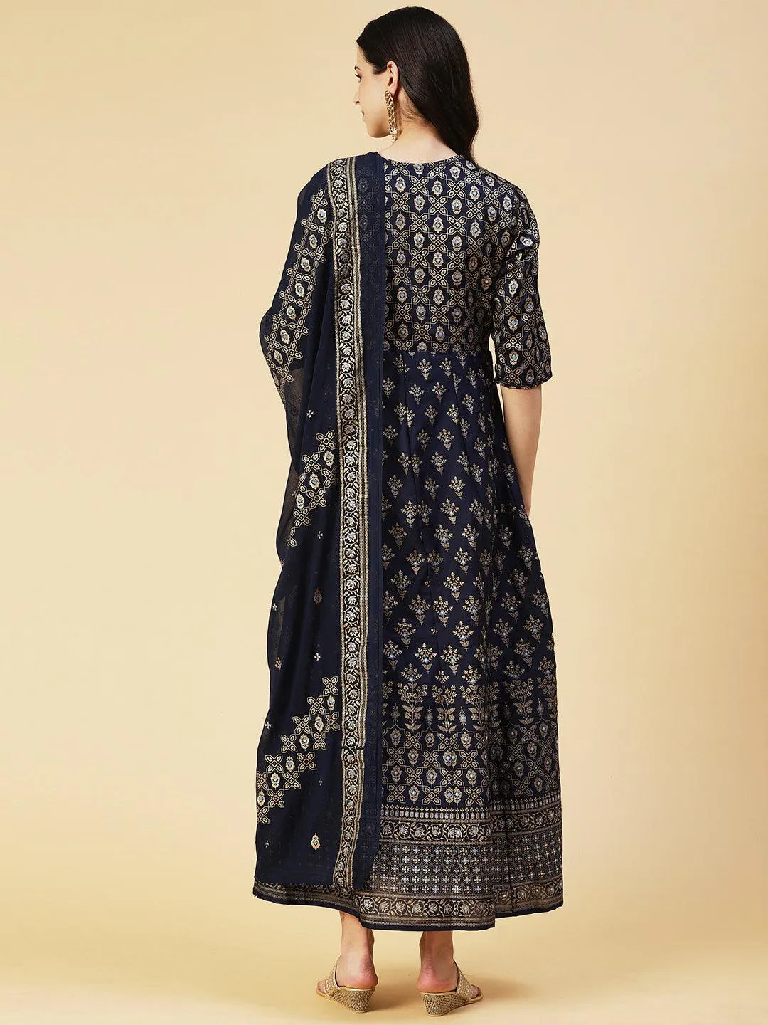 Golden Khari Printed Anarkali Dress With Printed Dupatta - Navy Blue