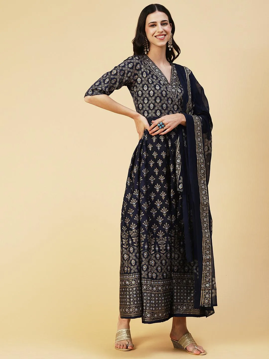 Golden Khari Printed Anarkali Dress With Printed Dupatta - Navy Blue