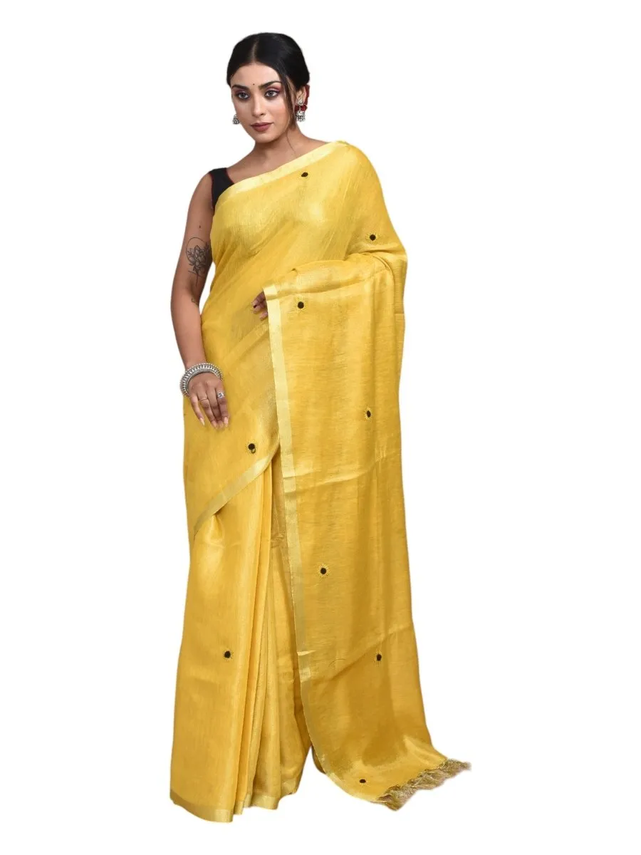 Golden Linen Saree with Sunflower Design Hand Embroidery and Golden Zari Border