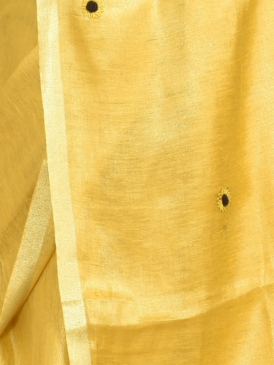 Golden Linen Saree with Sunflower Design Hand Embroidery and Golden Zari Border