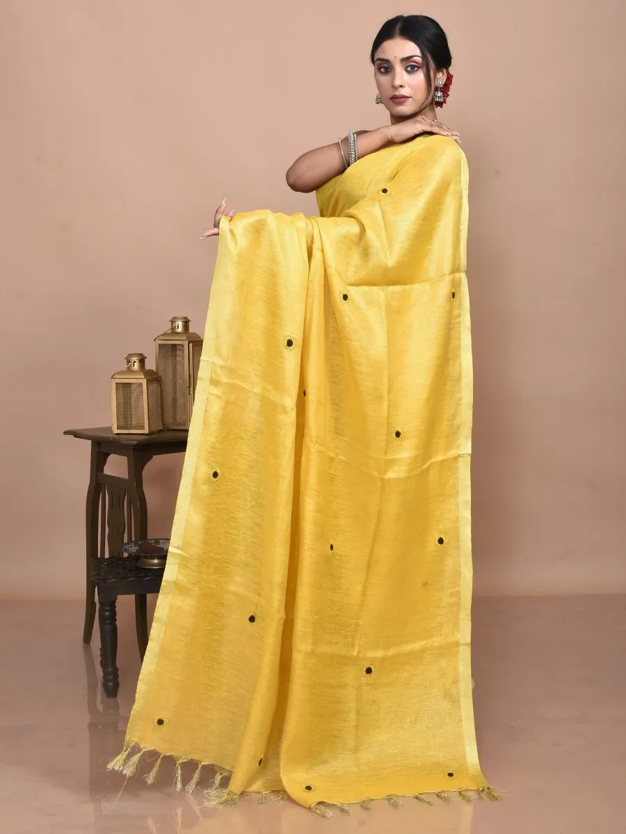 Golden Linen Saree with Sunflower Design Hand Embroidery and Golden Zari Border