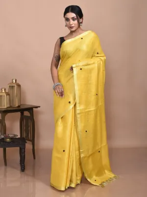 Golden Linen Saree with Sunflower Design Hand Embroidery and Golden Zari Border