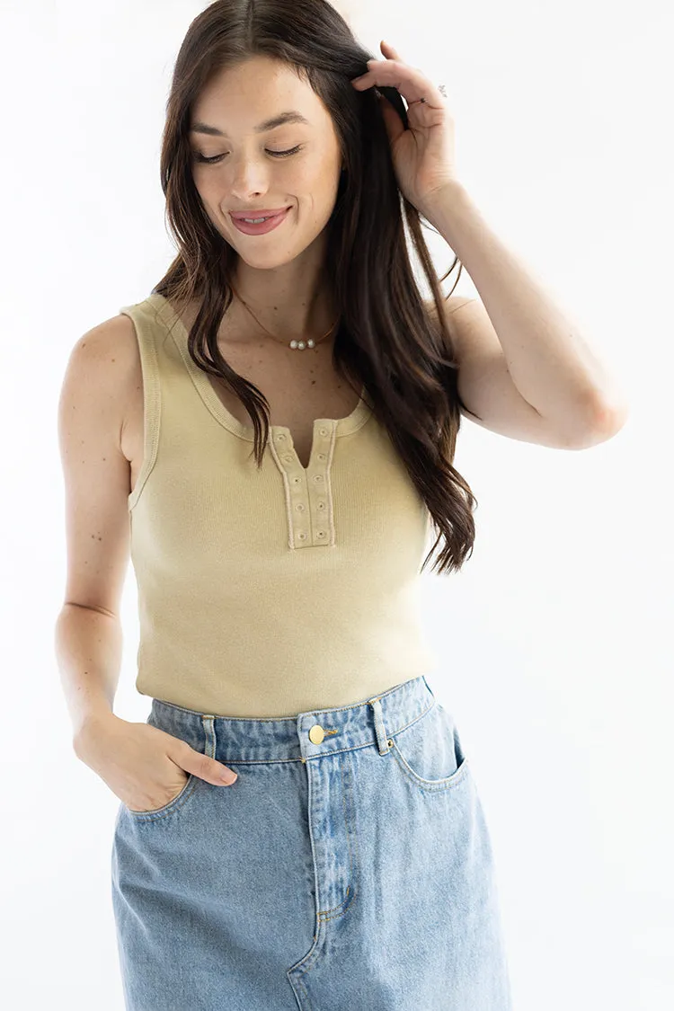 Golden Ribbed Tank Top with Faux Button Detail