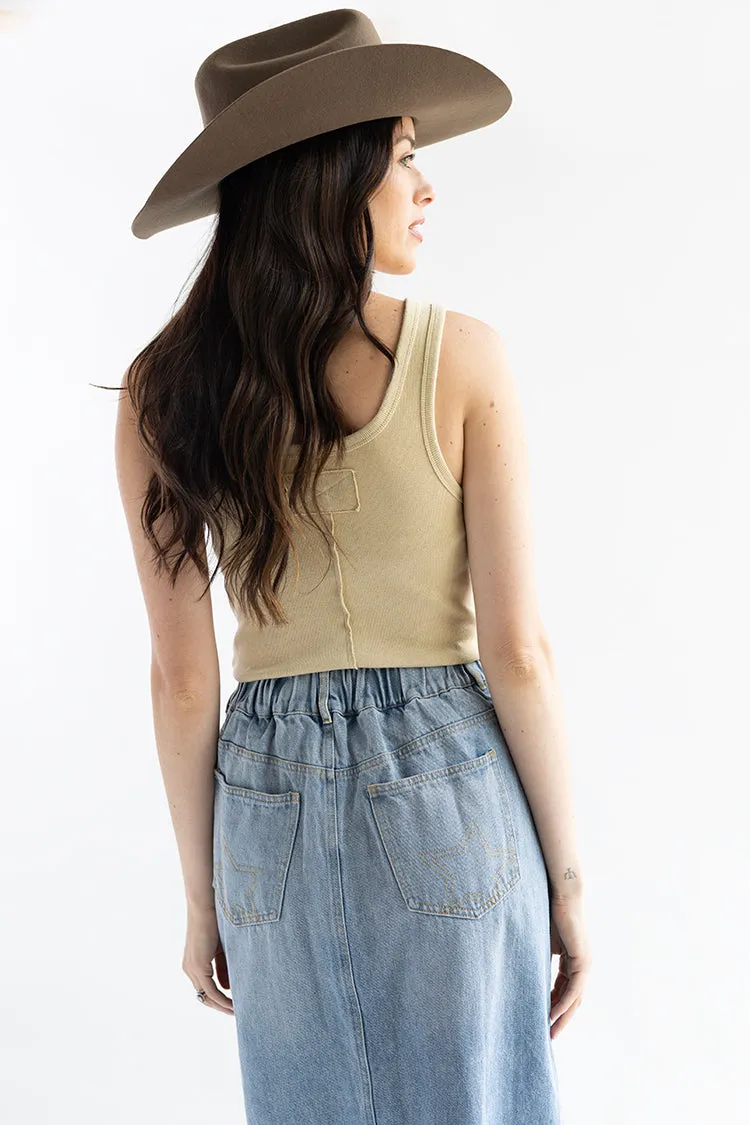 Golden Ribbed Tank Top with Faux Button Detail