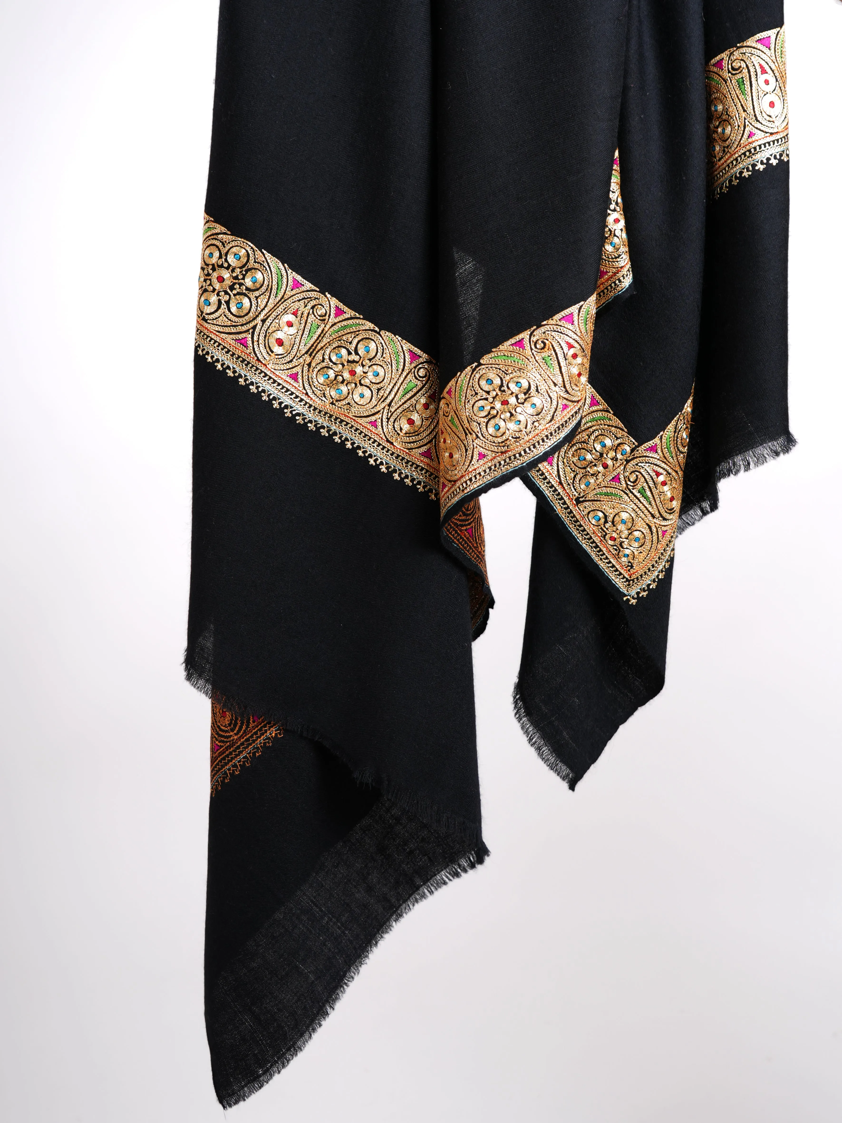 Golden Tilla Embroidered Artistic Black Pashmina Shawl