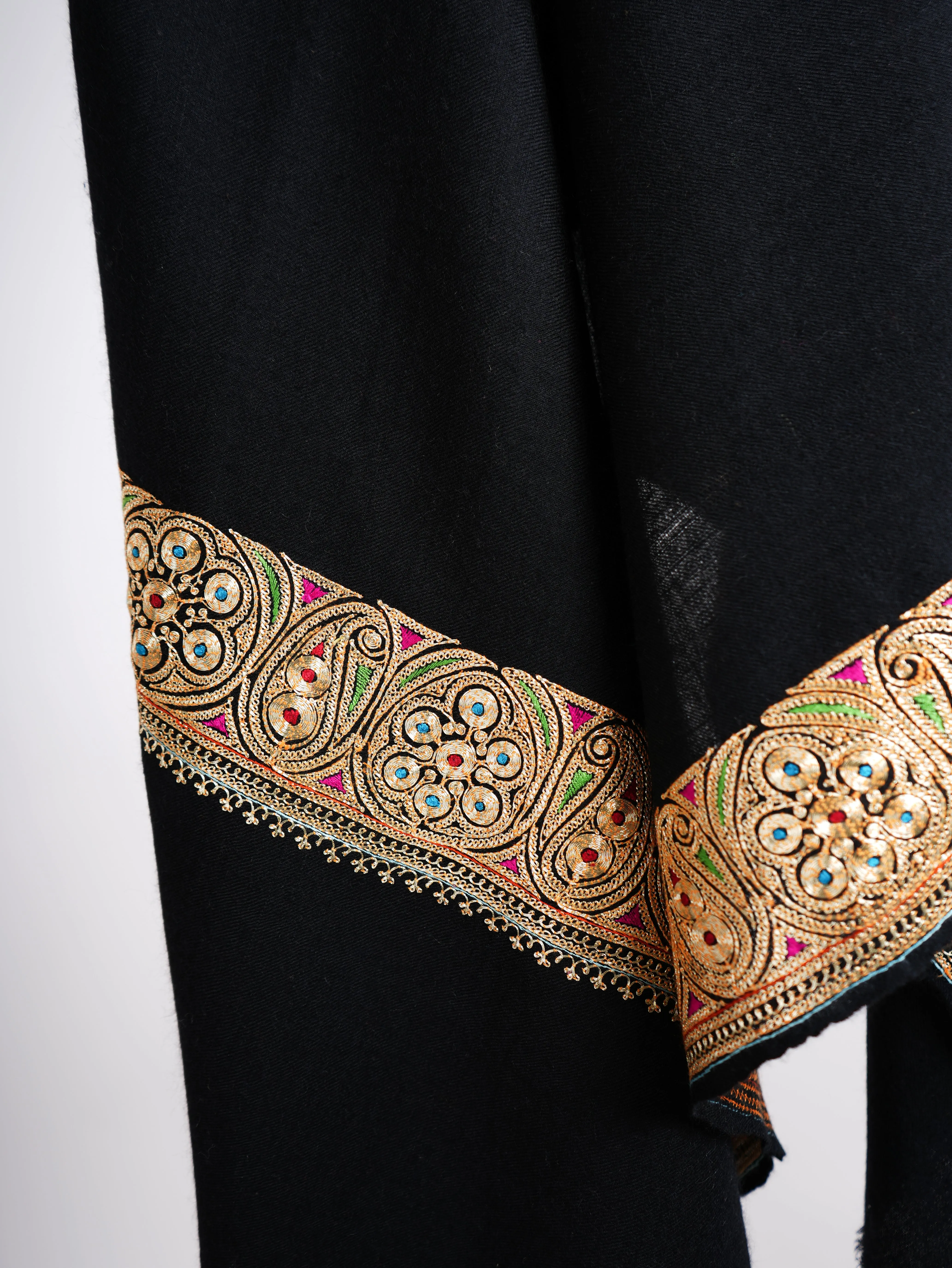 Golden Tilla Embroidered Artistic Black Pashmina Shawl