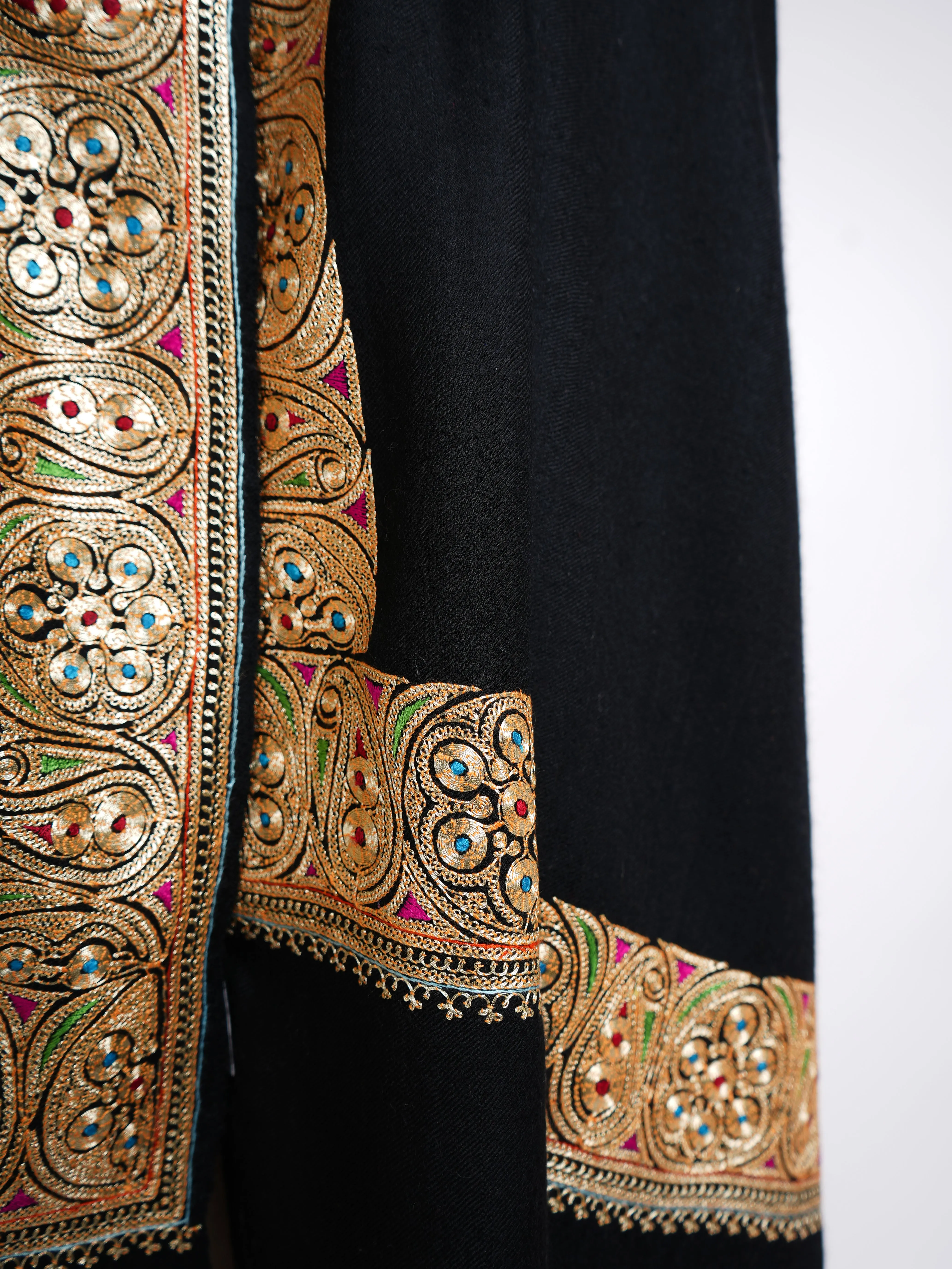 Golden Tilla Embroidered Artistic Black Pashmina Shawl