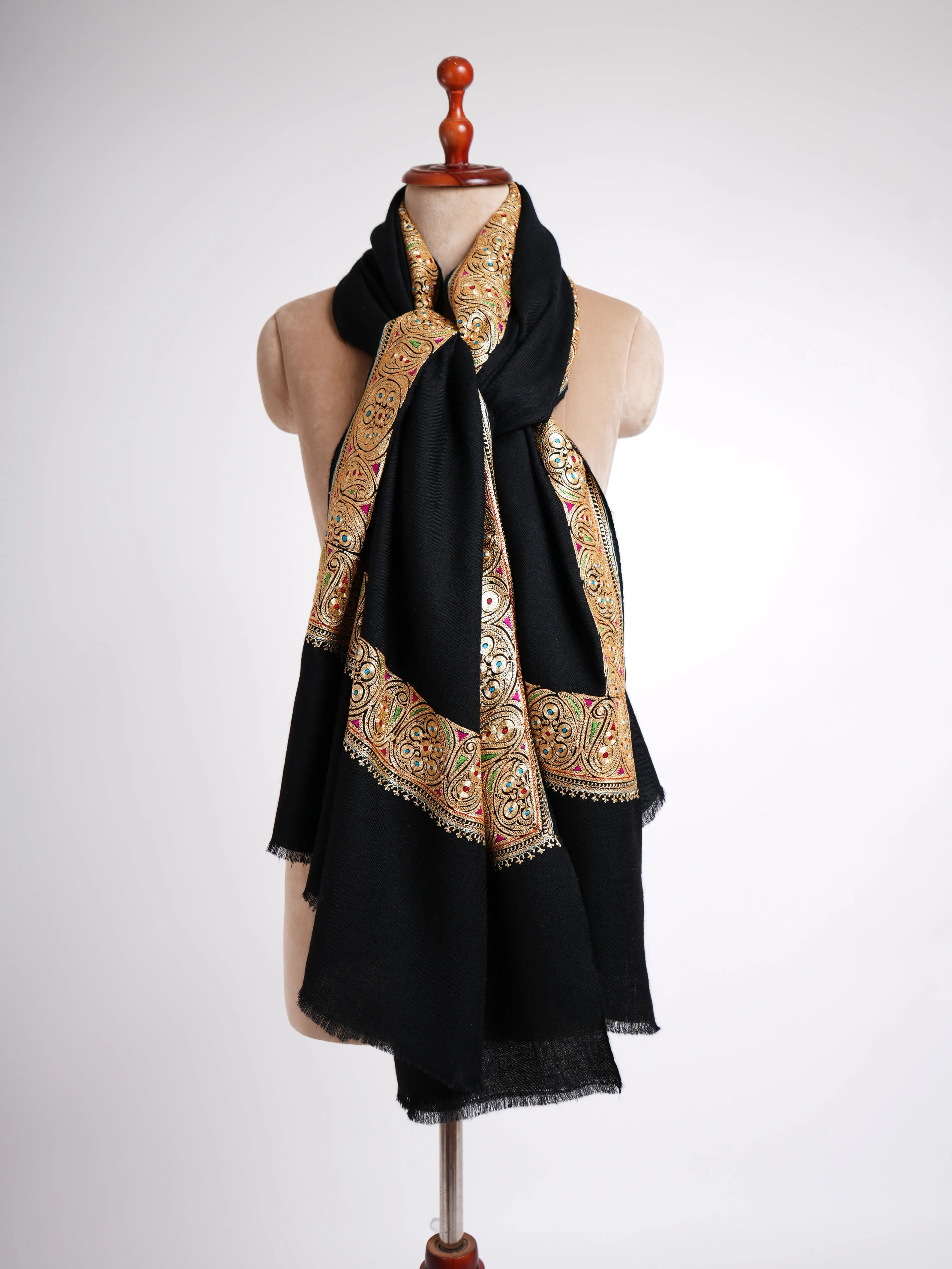 Golden Tilla Embroidered Artistic Black Pashmina Shawl