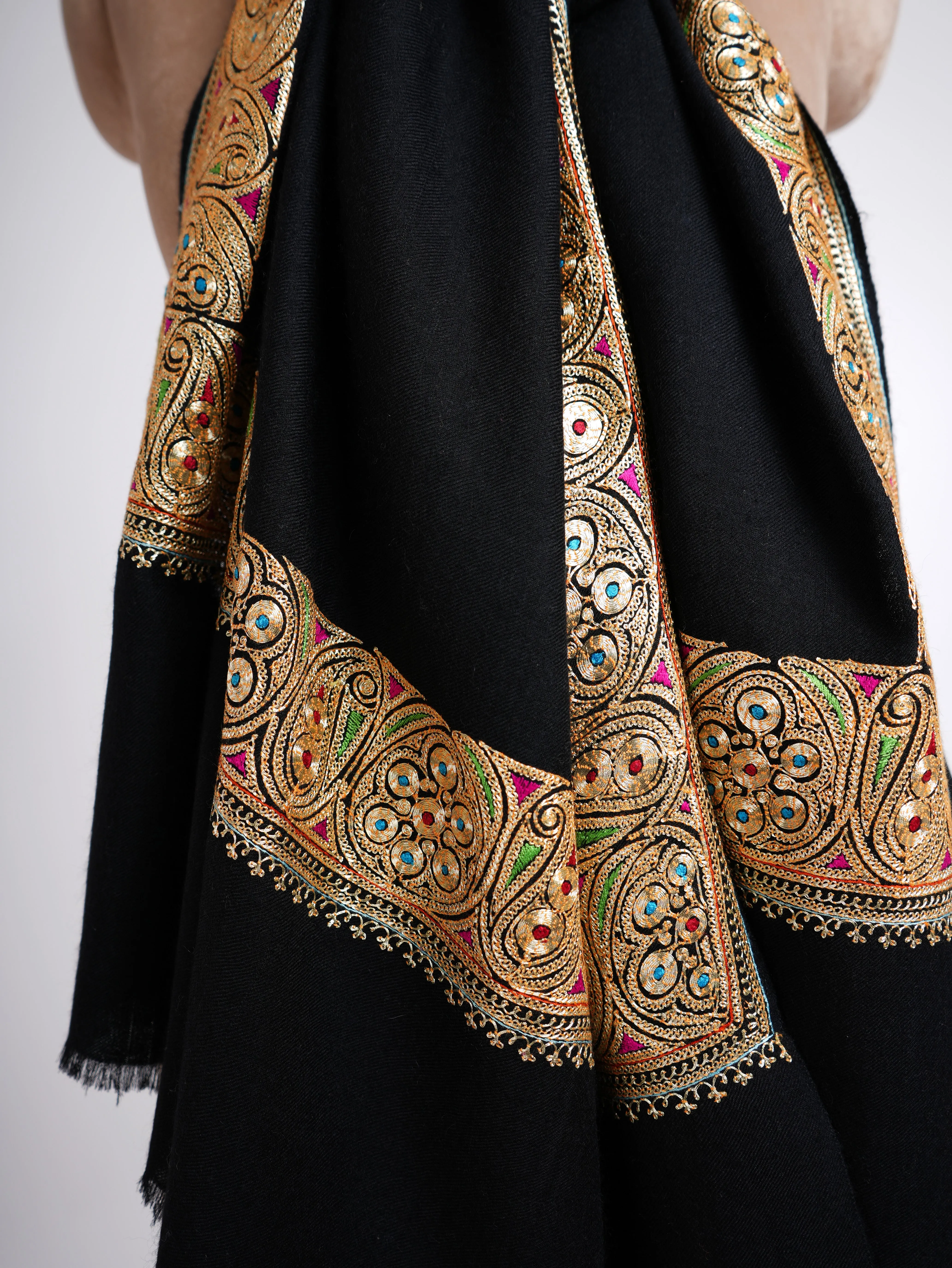 Golden Tilla Embroidered Artistic Black Pashmina Shawl