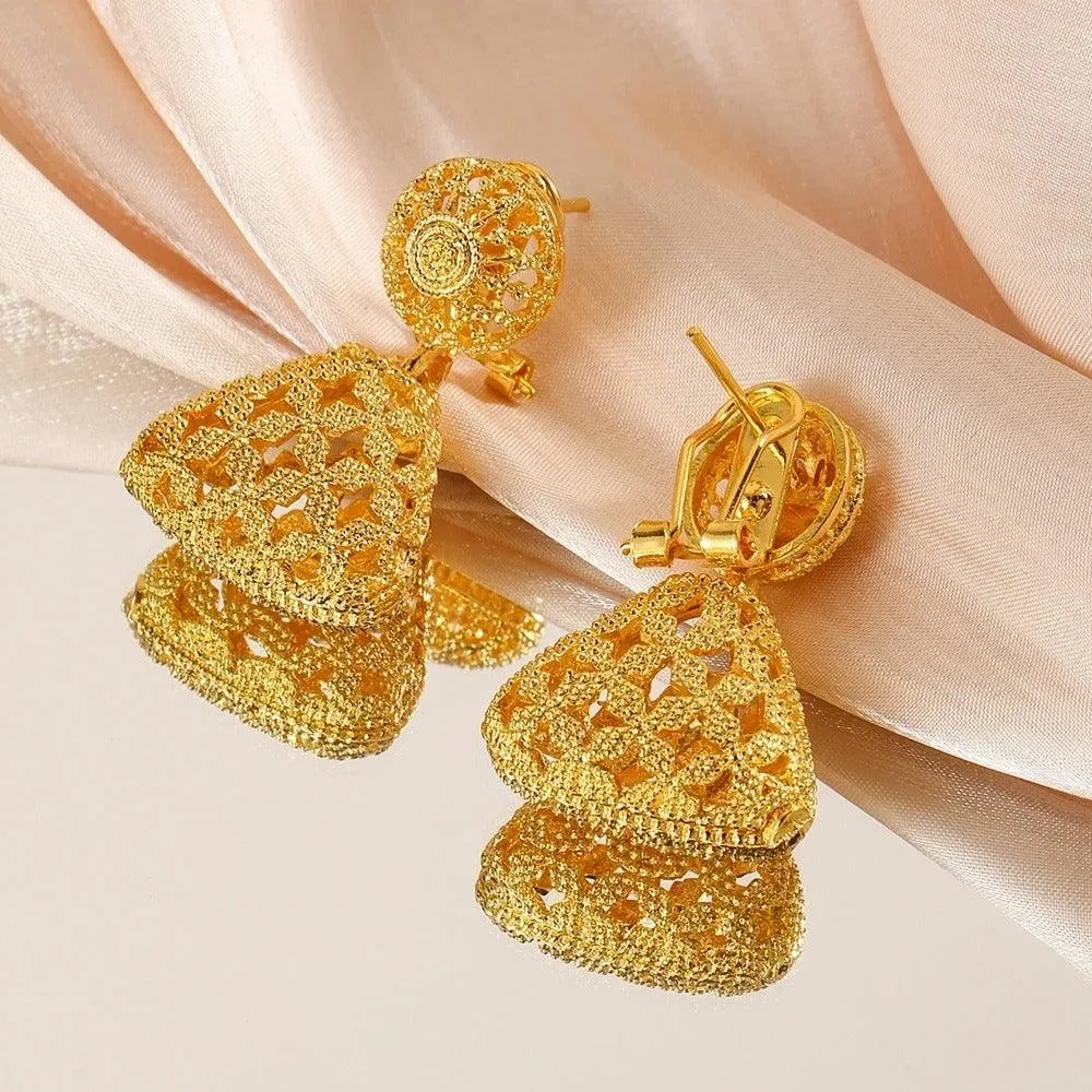 Golden Tribal Earrings with Intricate Geometric Patterns