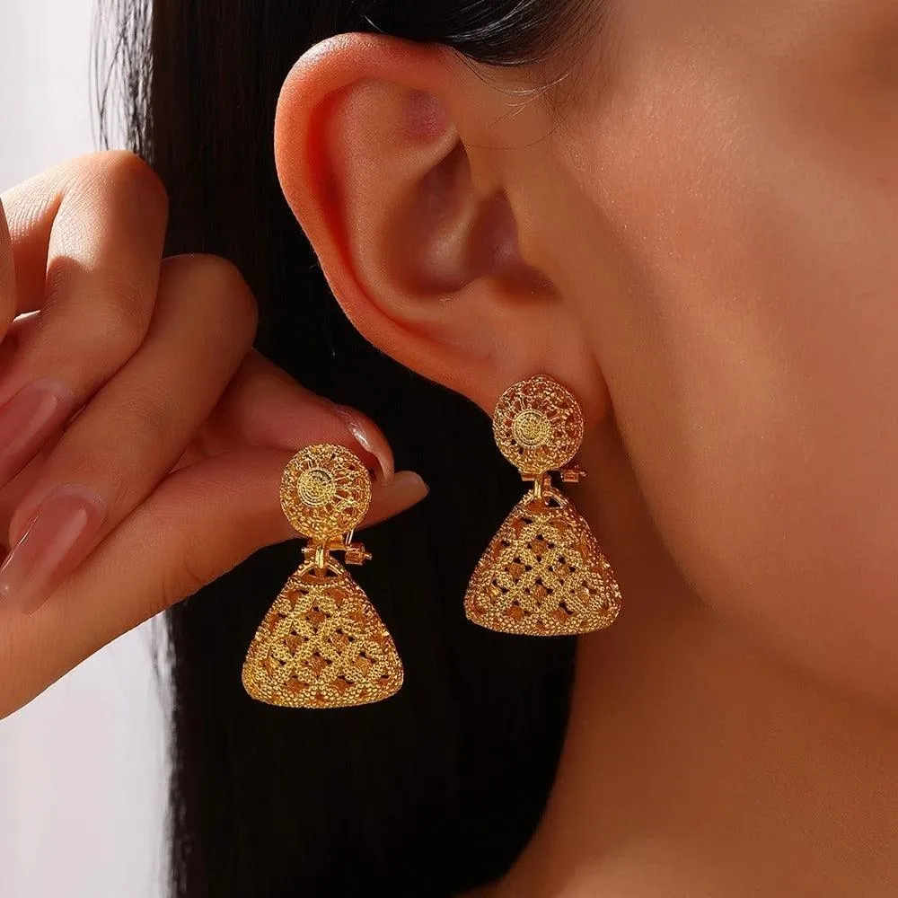 Golden Tribal Earrings with Intricate Geometric Patterns