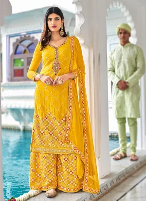 Golden Yellow Multi Embroidered Georgette Gharara Suit