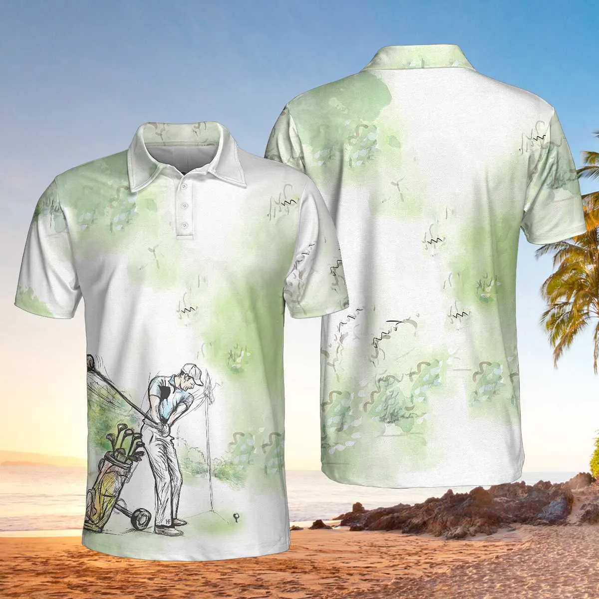 Golfer Painting Short Sleeve Polo Shirt, Green Tree Pattern Golfer Sketching Polo Shirt, Best Golf Shirt For Men Coolspod