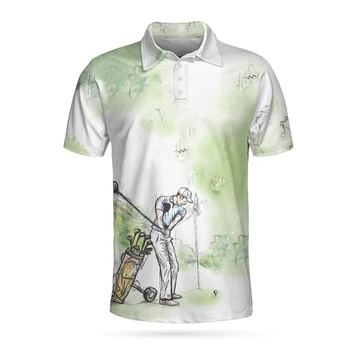 Golfer Painting Short Sleeve Polo Shirt, Green Tree Pattern Golfer Sketching Polo Shirt, Best Golf Shirt For Men Coolspod