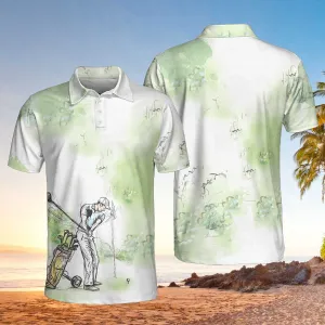 Golfer Painting Short Sleeve Polo Shirt, Green Tree Pattern Golfer Sketching Polo Shirt, Best Golf Shirt For Men Coolspod