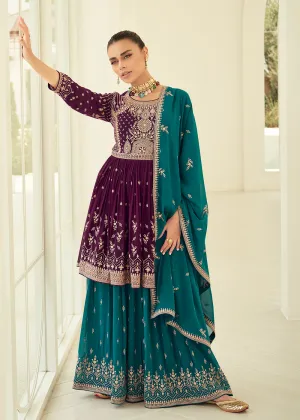 Gorgeous Georgette Purple & Teal Wedding Palazzo Suit