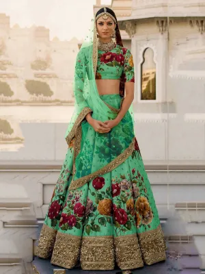 Gorgeous Green Colored Partywear Designer Embroidered Lehenga Choli