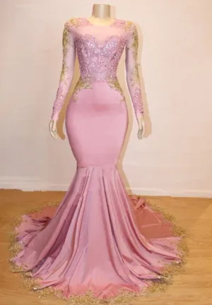 Gorgeous Long Sleeve Prom Dresses | Mermaid Pink Appliques Evening Gowns BC1142