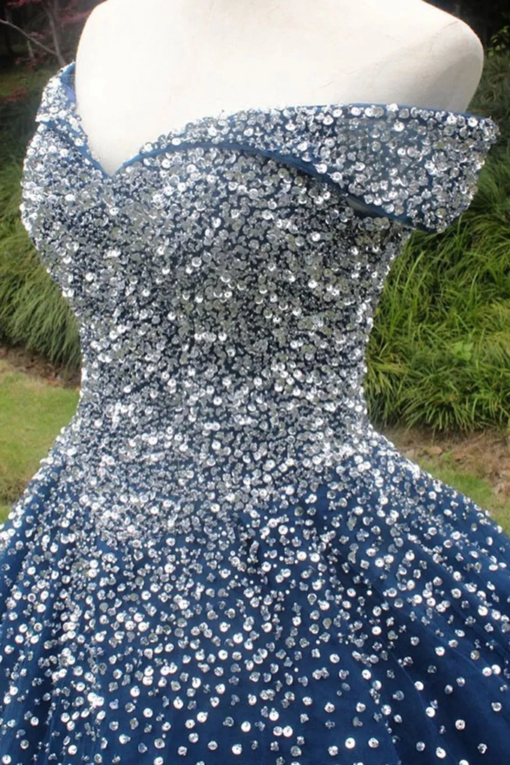 Gorgeous Off Shoulder Sequins Blue Long Prom Dress, Shiny Sequins Blue Formal Evening Dress, Blue Ball Gown A1351