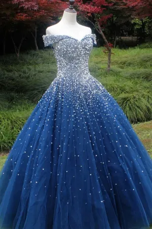 Gorgeous Off Shoulder Sequins Blue Long Prom Dress, Shiny Sequins Blue Formal Evening Dress, Blue Ball Gown A1351