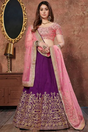 Gorgeous Purple-Pink Embroidered Mulberry Silk Wedding Lehenga Choli