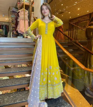 Gorgeous Sequence Work Yellow Color Long Gown