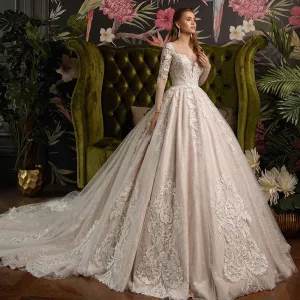 Gorgeous Shiny Ball Gown Long Sleeve Chapel Train Wedding Dress