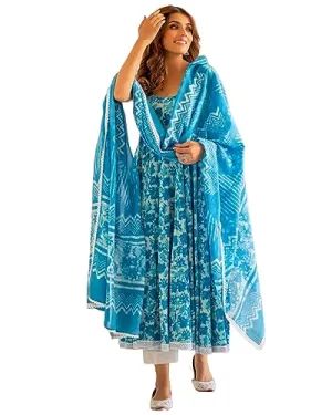 GoSriKi Women's Cotton Blend Floral Regular Kurta with Pant & Dupatta (Kalishta Sky Blue-GS