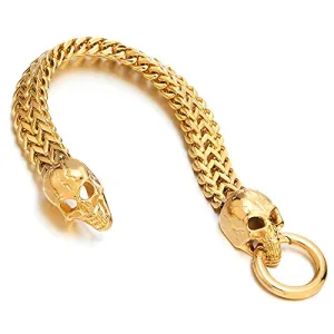 Gothic Mens Stainless Steel Skull Franco Link Curb Chain Bracelet with Spring Ring Clasp 8.5 Inches