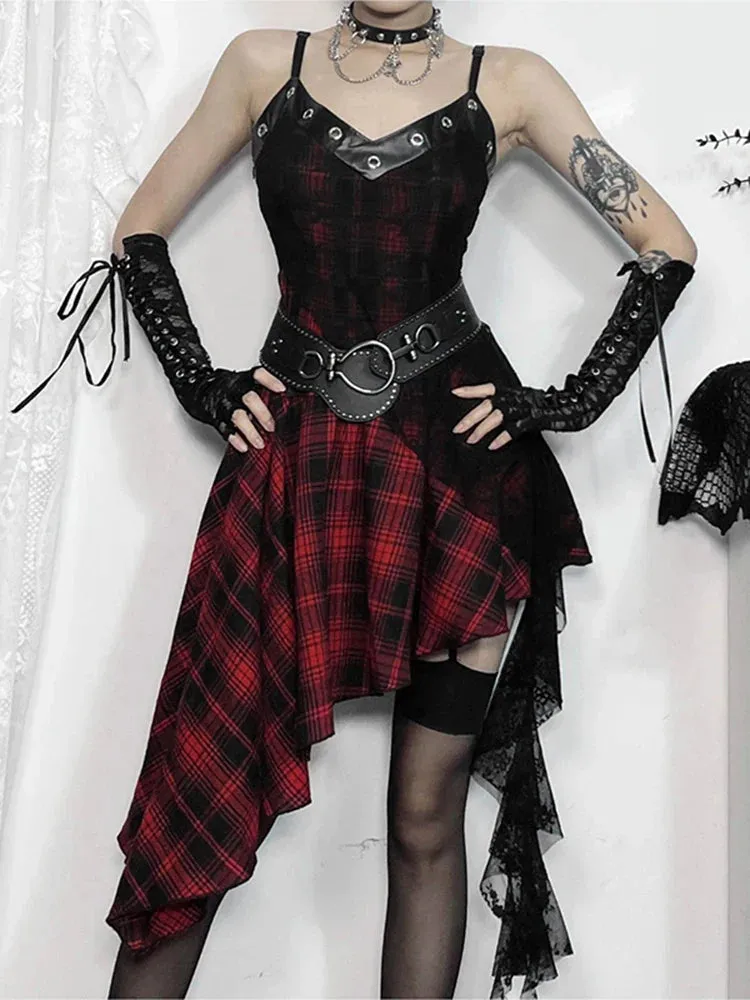 Gothic Plaid Irregular Club Party Red Patchwork Backless Vintage Y2K Lace Gown