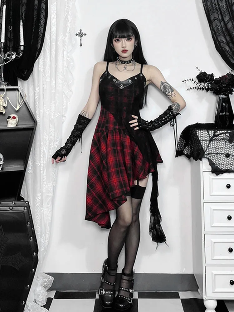 Gothic Plaid Irregular Club Party Red Patchwork Backless Vintage Y2K Lace Gown